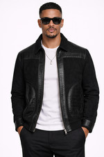 Mens Black Suede Leather Jacket Croc Embossed Lambskin Trim Luxury Zip Coat