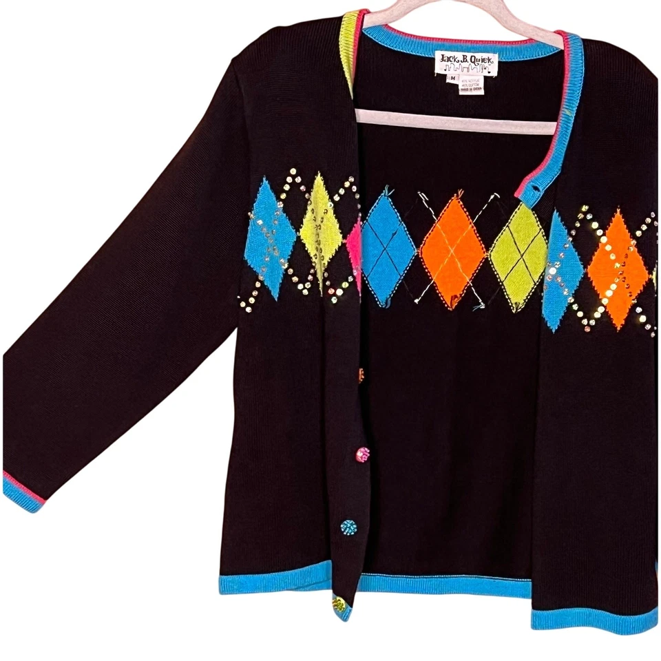 Cárdigan Suéter Mediano Vintage Jack B Quick Argyle Negro Rosa Verde Azul Foto 4 de 4