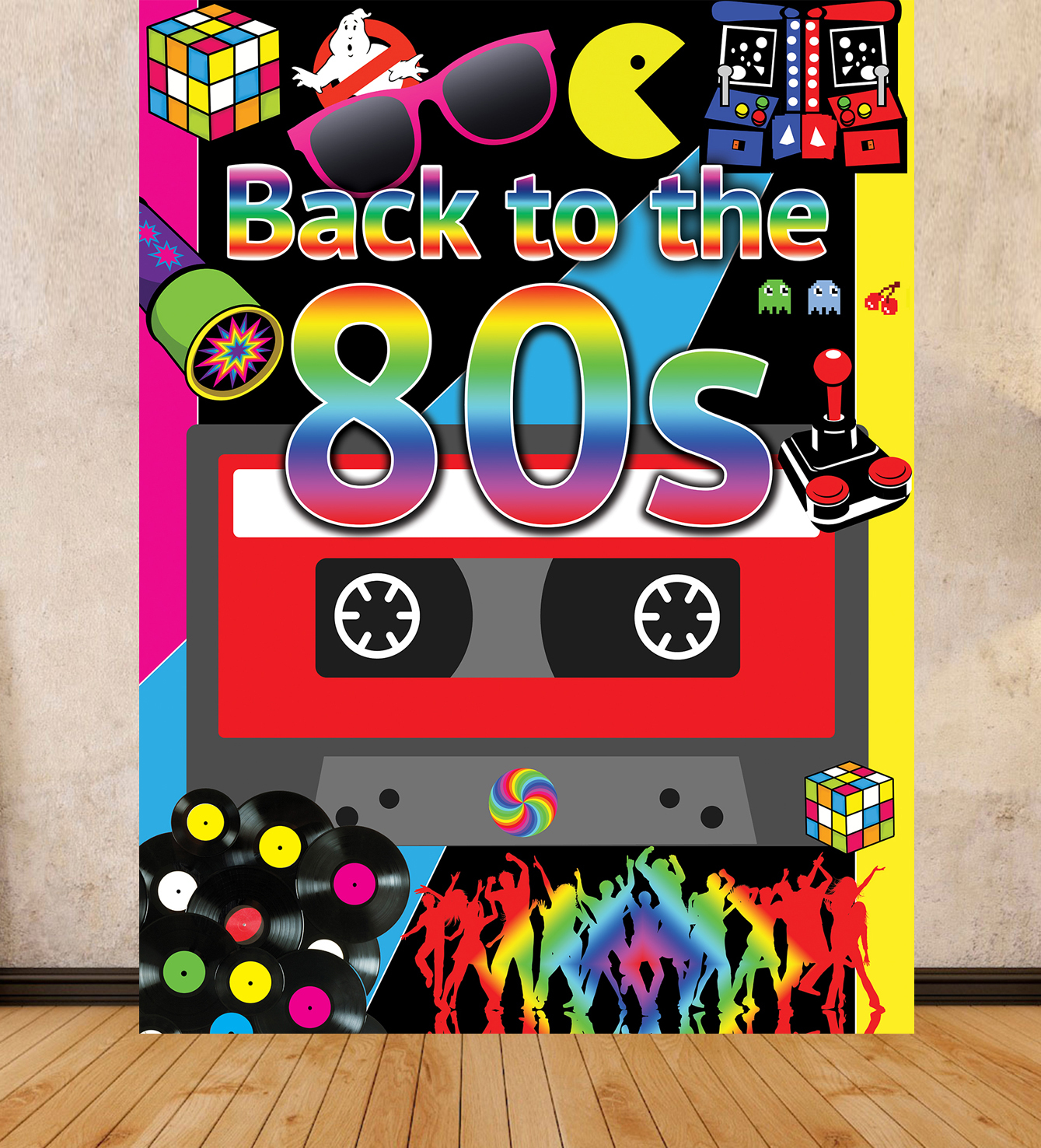 80's THEME PARTY BACKGROUND BACKDROP LARGE PRINT 1.5m x 2m MAKES IMPACT