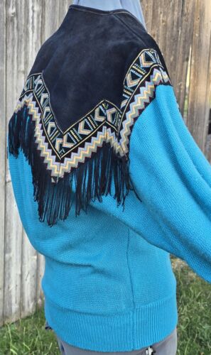 Miller Outerwear Knit Sweater Suede Fringe Vintage Western Boho - Picture 8 of 19