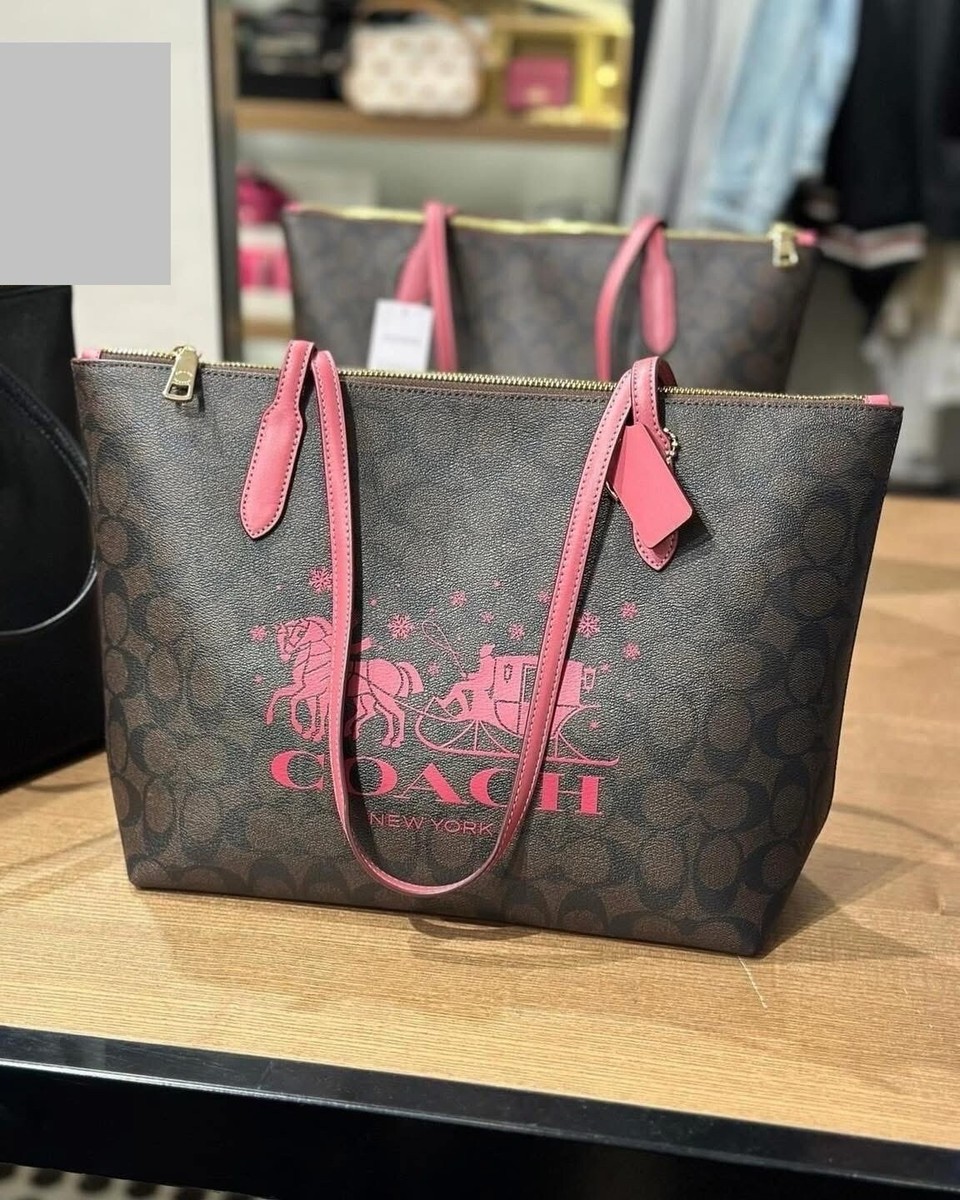 NWT - COACH Zip Top Tote In Signature Canvas With Horse And Sleigh