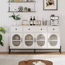 62" Large Sideboard Buffet Cabinet with Storage+3 Drawers+4 Glass Doors,White