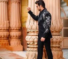 Men Designer2Pc Black Customized Floral Embroidered Western Cocktail Prom Outfit