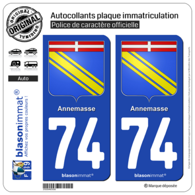 2 Stickers Autocollant Plaque Immatriculation Auto : 74 Annemasse - Armoiries