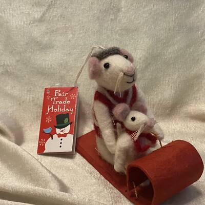 NWT 100% Wool Mice Sled Ornament Made in Nepal Handmade by Fair Trade Artisans