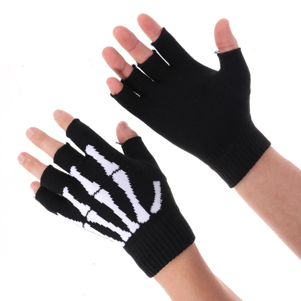 Finger Skeleton Pattern Knit Gloves Skull Bone Gloves Elastic Half