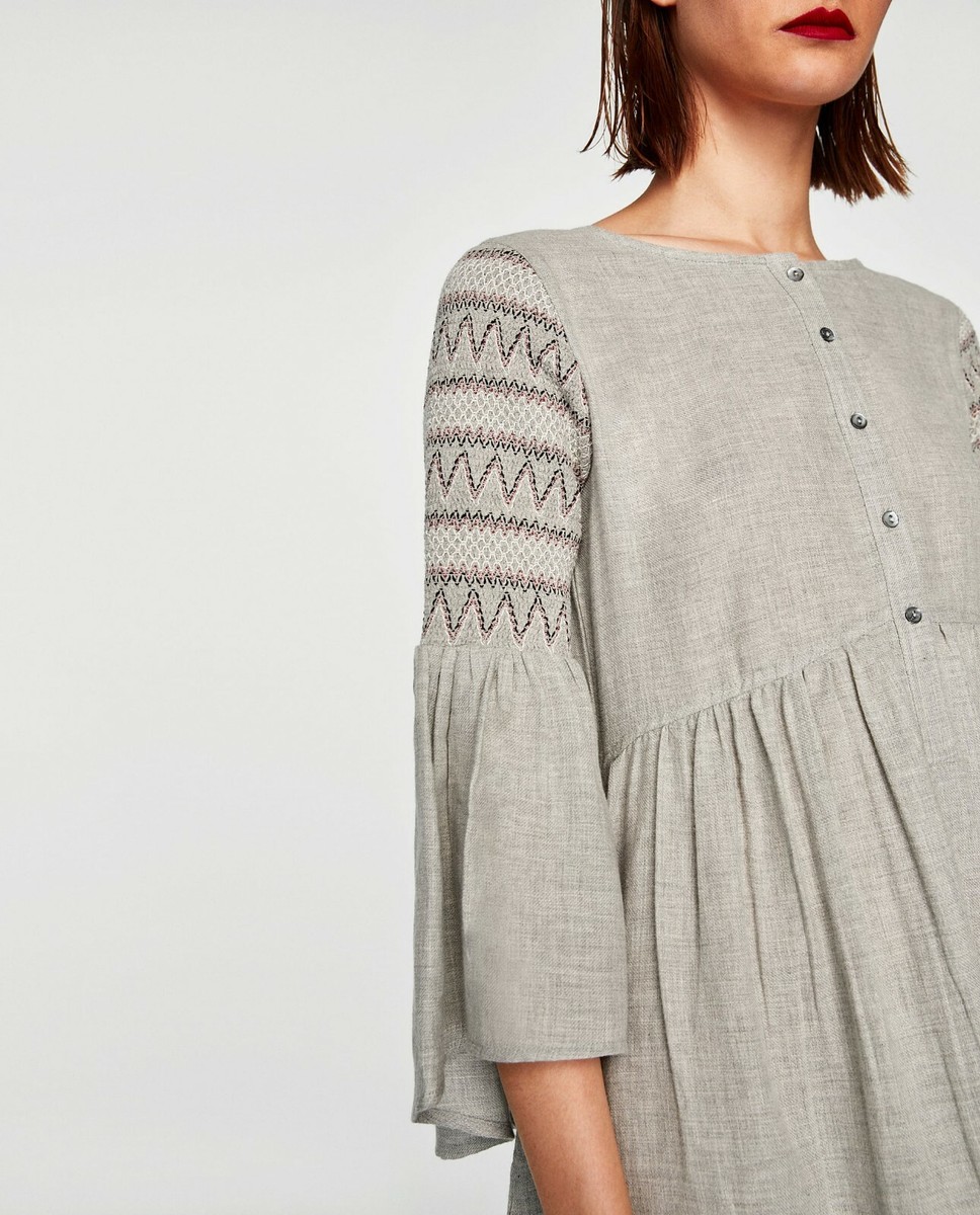 Zara cotton DRESS WITH ELASTIC SLEEVES flare sleeve W embroidery-ref  5598/226-M | eBay