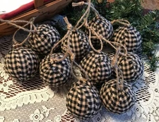 10 Primitive BLACK CHECK HOMESPUN Fabric RAG BALLS Christmas Ornaments farmhouse