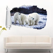 White Polar Bears 3D Torn Hole Ripped Wall Sticker Decal Art Mural Animals WT75