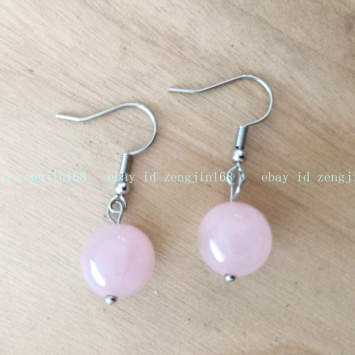 New 10mm Light Pink Quartz Round Gemstone Beads Drop Dangle Hook Earrings