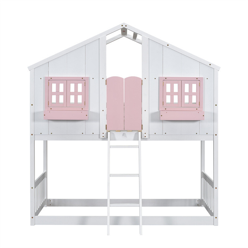 Twin over Twin House Bunk Bed with Roof,Window,Storage Box,Door for Kids Gifts