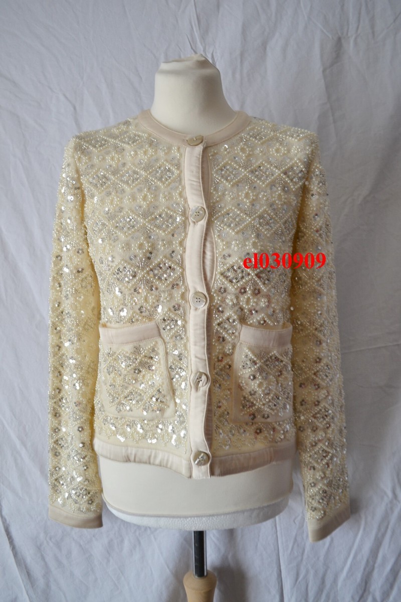 ZARA NEW WOMAN KNIT CARDIGAN WITH BEADS LIGHT ECRU SIZE S
