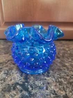 Vintage Fenton Colonial Blue Hobnail 3" Double Crimped Vase Glass Mini Ruffle