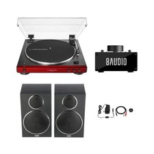 Audio-Technica AT-LP60XBT Bluetooth Turntable Red and Desktop Amplifier Bundle