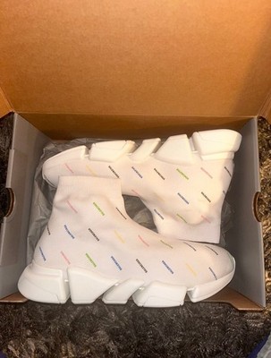 Balenciaga Speed Trainer White Multicolor Logo Pull On Men's High Top Sneakers