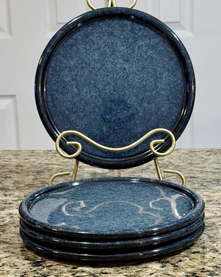 Stone + Lain Dark Blue Reactive Glaze Salad Plates 8.6  Set of 4 Stoneware NEW