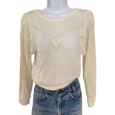 Vintage 70s 80s Boho Cottage Preppy Cream White Thin Knit Embroidered Sweater