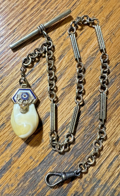 VINTAGE 14 KT GOLD ELKS TOOTH POCKET WATCH FOB ELK HAS RUBY EYES 4.6 GR. + CHAIN