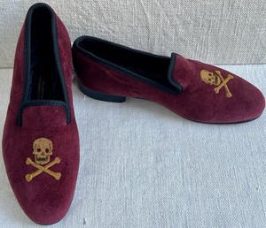 New & Lingwood Wine Skull & Crossbones Velvet Slippers UK 7.5 US 8.5 ($525)