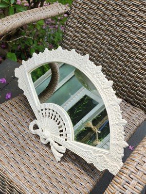Vintage Iron Art White Fan Mirror With Easel Back For Dresser