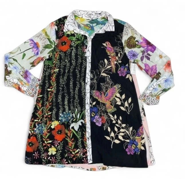 Blusa túnica JOHN MARK llamativa COLORIDO PÁJARO LORO SELVA FLORAL talla L Foto 2 de 4