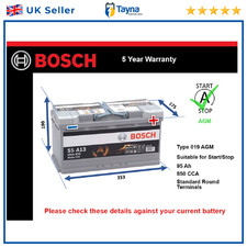 AGM Car Battery S5A13 Bosch 019 AGM 850A 95Ah 5Yr WTY 353x175x190 Start Stop