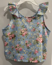 Ralph Lauren Girls Floral Blue Sleeveless Ruffle Crop Top Shirt Size M L