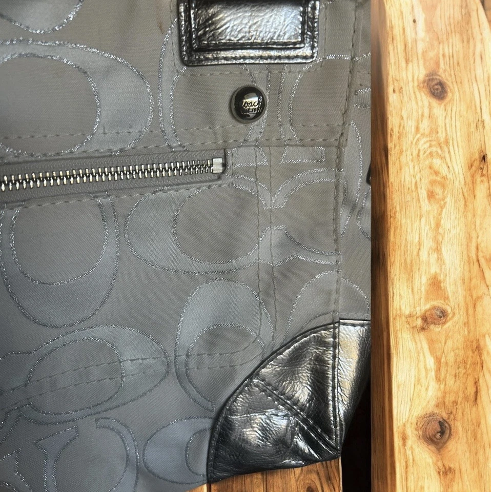 Coach Metallic Silver Leather Double Handle Canvas Satchel Purse See Photos - Image 4 of 4