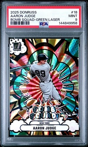 2025 Panini Donruss Aaron Judge Green Laser BOMB SQUAD Insert #18!  PSA 9!