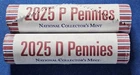 1 Set 2025-P&D Lincoln Shield Cent 2 National Collectors Mint BU Rolls 100 coins