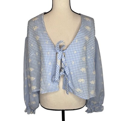 Lush Gingham Eyelet Long Sleeve Peplum Top Blue Floral Embroidered Tie Front M