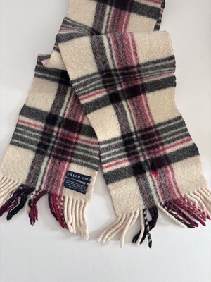 VTG Polo Ralph Lauren  Plaid Scarf  100% Lambs Wool Ivory Black & Red Color
