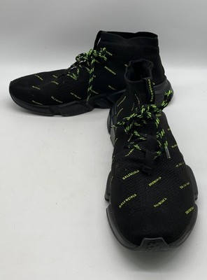 Balenciaga Black Knit Speed Trainer Lace Up Neon Green Logo Print Sneakers sz 13