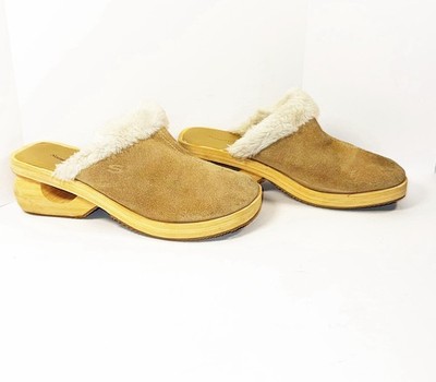 Vtg Y2K Skechers Something Else Faux Fur Clog Slip On Suede Mule Chunky Beige 9