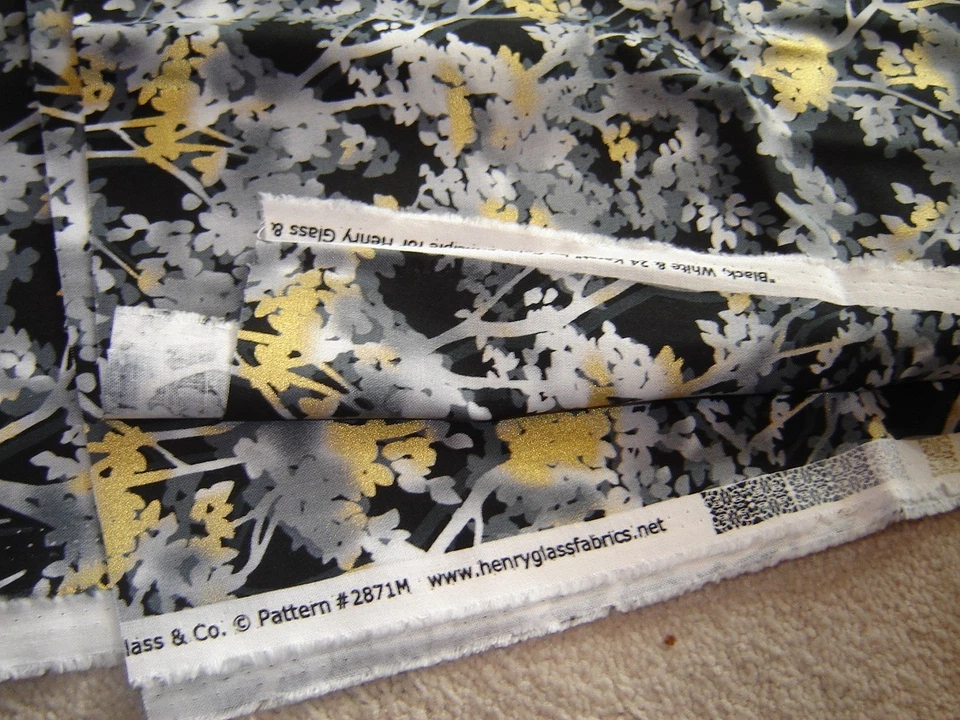 cotton fabric BLACK WHITE color principle HENRY GLASS trees gold highlights 2 yd - Image 3 of 3