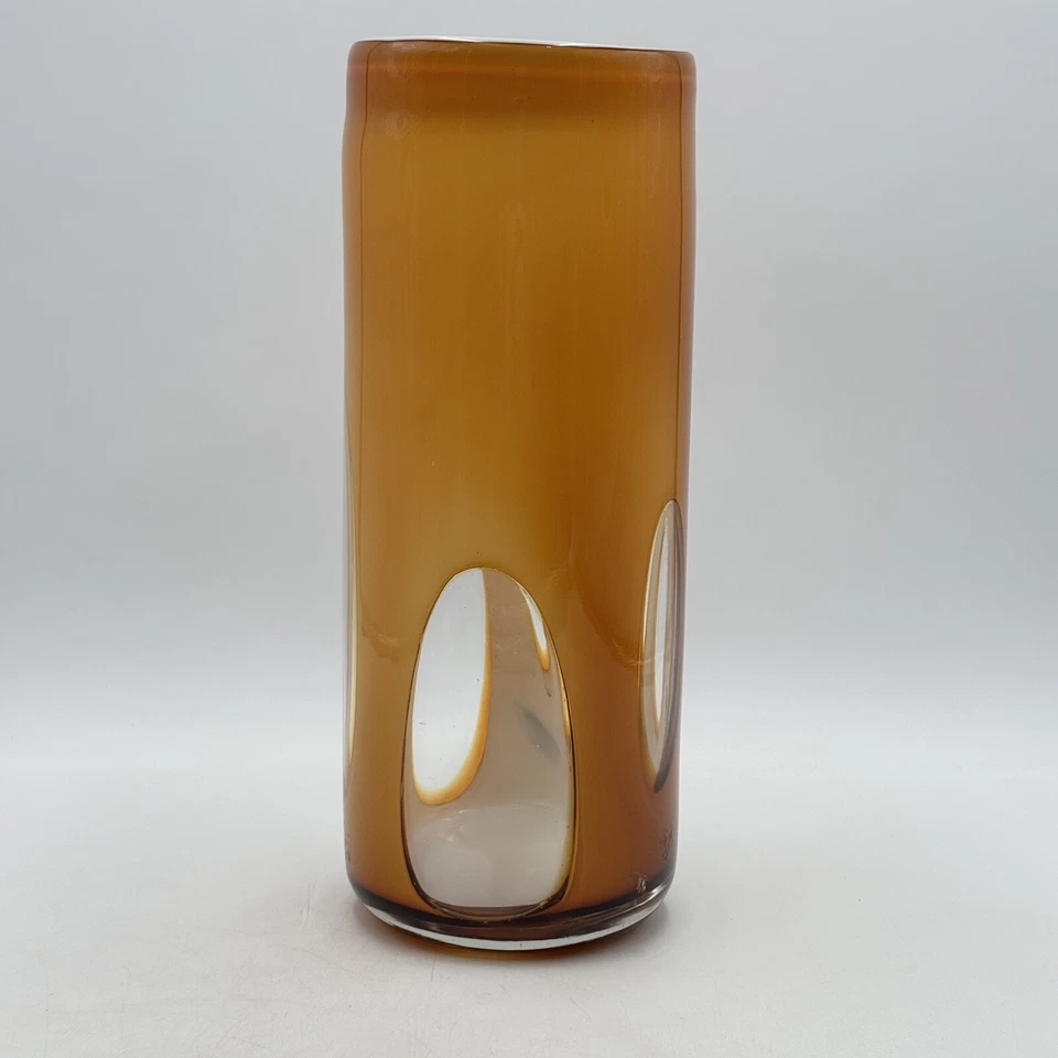 Art Glass Vase Hurricane MCM Modern Century 12” Tall Caramel Amber Cutouts - Image 4 of 4