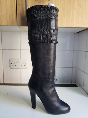 MIU MIU DESIGNER UK 2,5 EU 35 SCHWARZ ECHTLEDER KNIEHOHE ABSÄTZE WINTERSTIEFEL