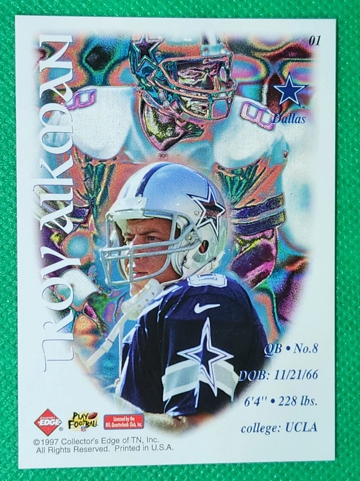 Edge Excalibur 1997 22K #01 Troy Aikman prueba no emitida sin oro Dallas Cowboys Foto 2 de 3
