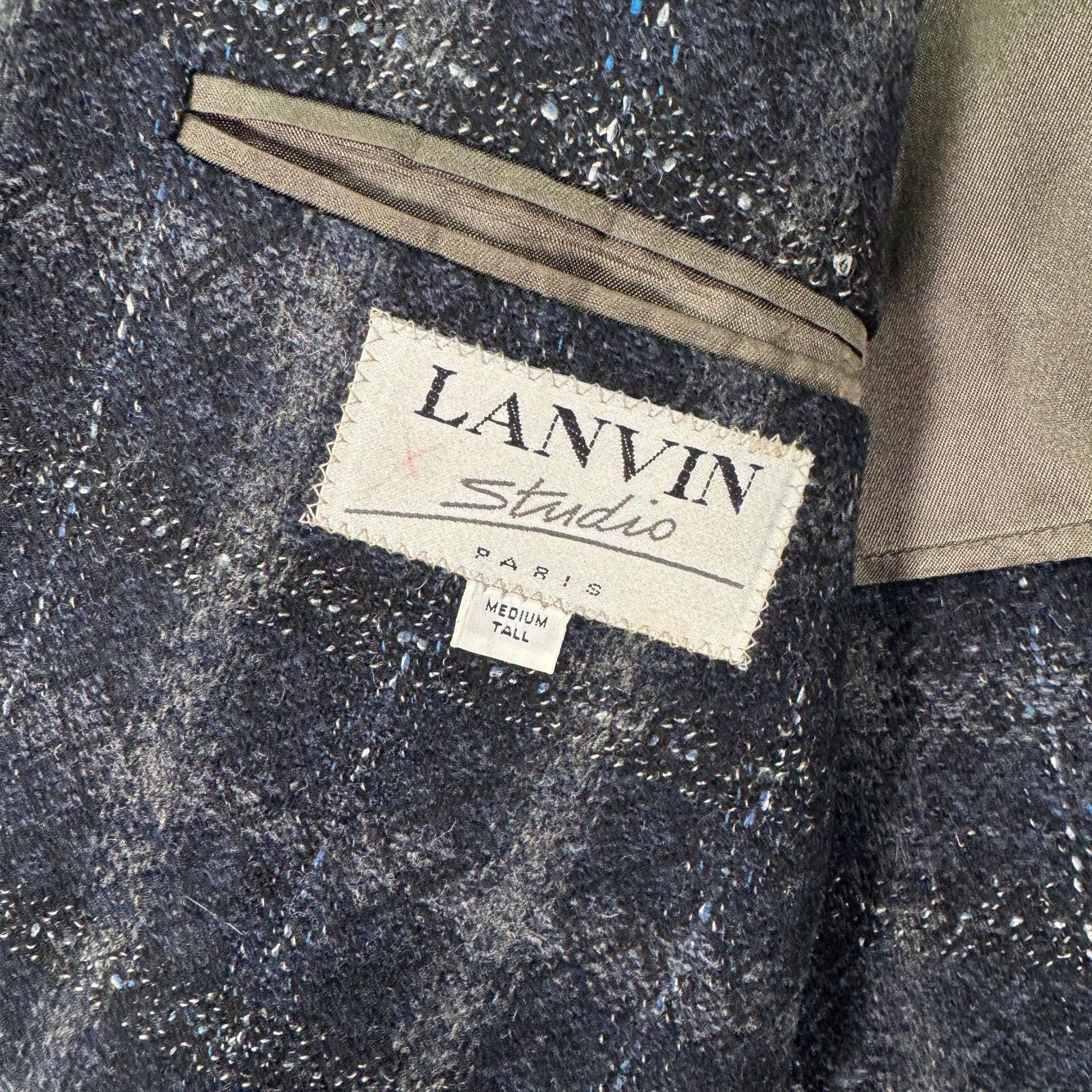VINTAGE Lanvin Sport Coat Mens Medium Tall Blue Check Tweed Classic Fit Preppy