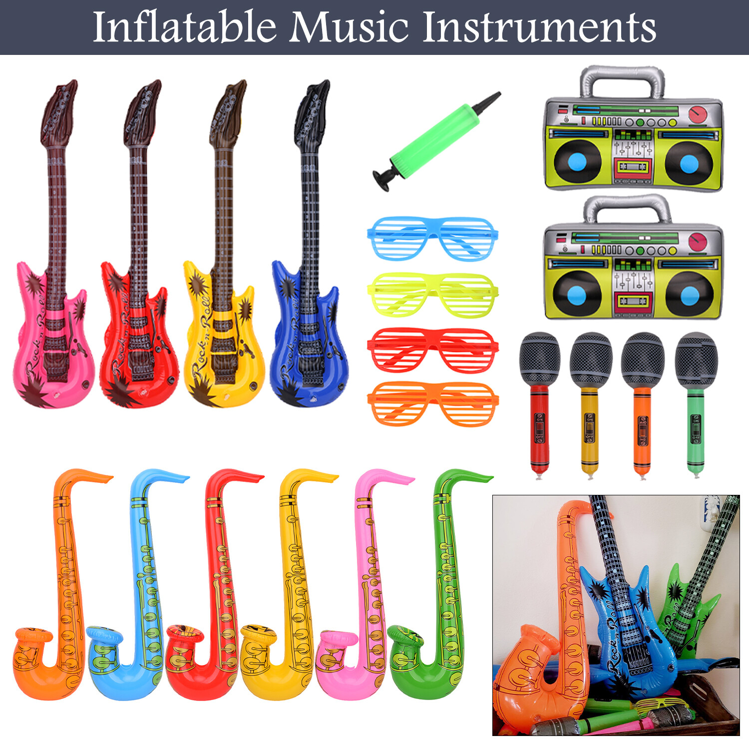 Hinchable Juguetes Guitarras Saxofones Micrófonos Elegante Fiesta Noche Utilería