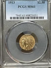 1913 INDIAN HEAD $2.5 QUARTER EAGLE GOLD PCGS MS61 Brs
