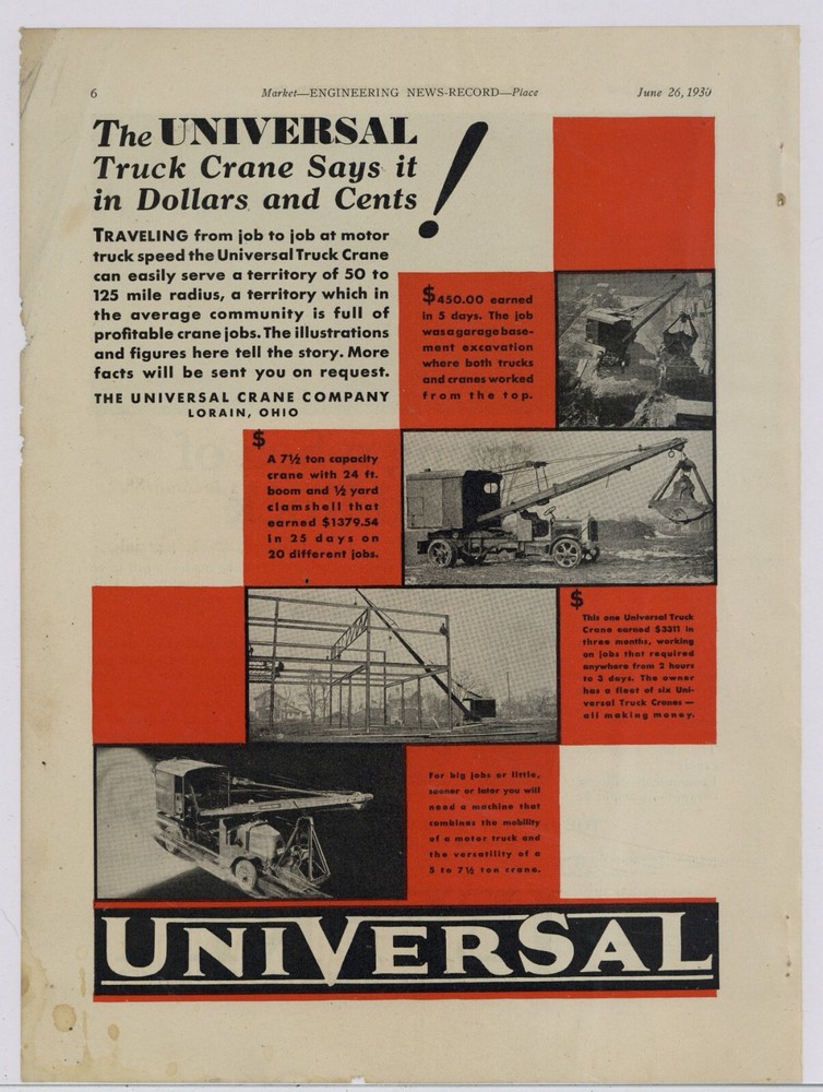 1930 Universal Crane Co Ad Featuring Mack AC & IH Truck Crane Models  