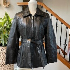 Milan Leather Jacket Womens M Black Genuine Leather Zip-up Jacket With Tie Bell