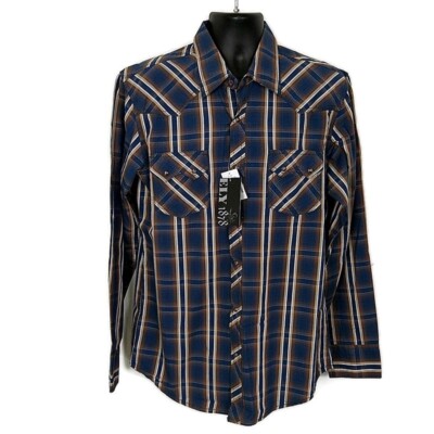 ELY 1878 Plaid Western Shirt Pearl Snap Blue Brown Cotton Long Sleeve NWT sz L
