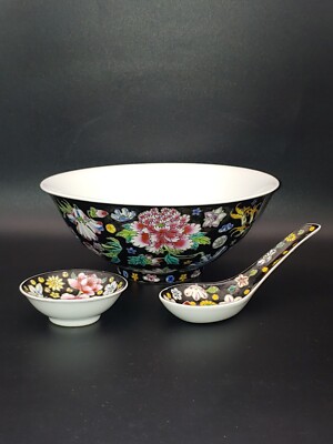 景德镇十大瓷厂草帽款墨地粉彩Group Vintage China Noire Rose Artwork