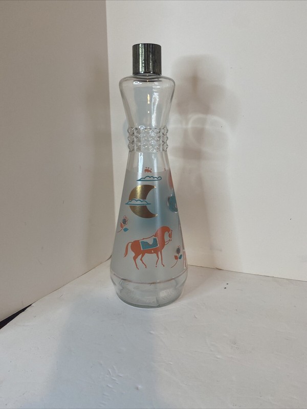 VTG MCM Glass Bottle Torquoise Aqua Pink Red Musician & Horse