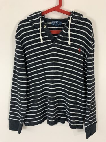 VTG Polo Ralph Lauren Hoodie Waffle Knit Men’s XL Gray White Stripe Pony 90s