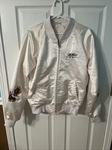 Vintage Far East Tour Japan Jacket White Satin Snap Embroidered Eagles Souvenir image 2
