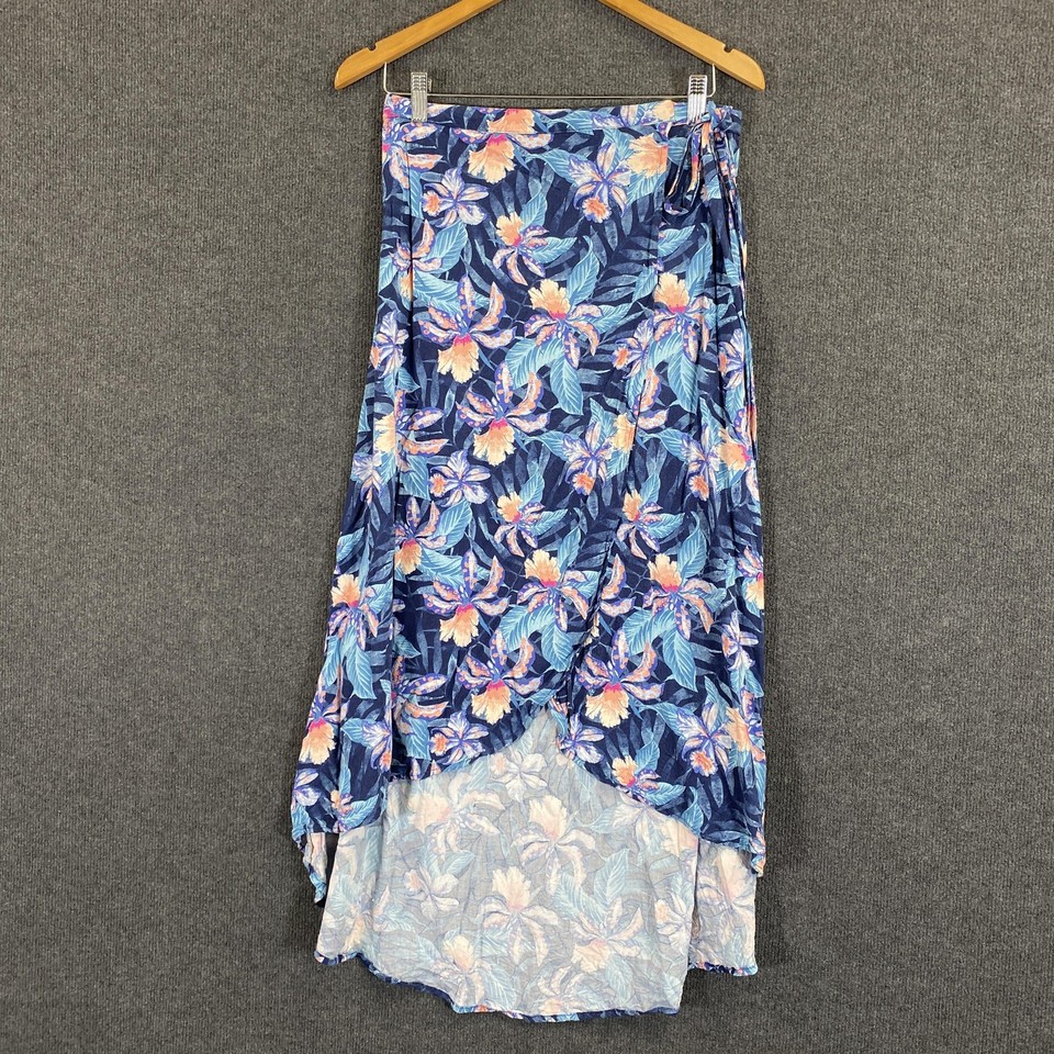 Rip Curl Skirt Womens 10 Blue Floral Wrap Midi Layered Tie Summer Beach Boho