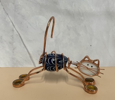 Copper Wire Cat w/ Blue Blown Glass Belly Stained Glass Bobble Head Sculpture